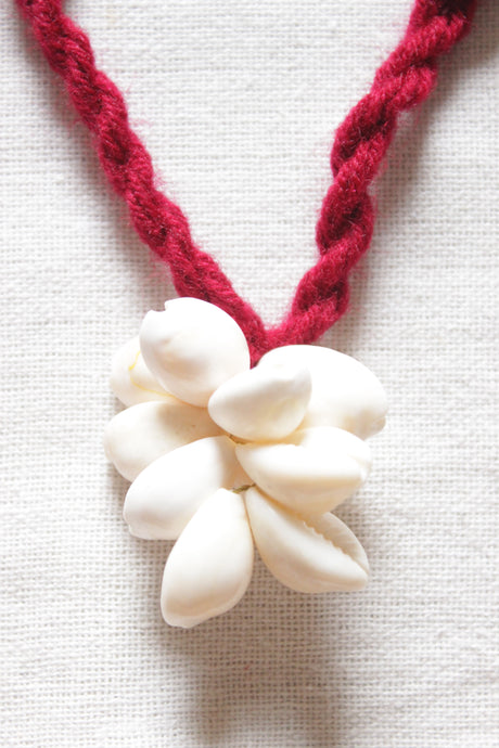 Shells Hand Braided in Red Threads Adjustable Necklace