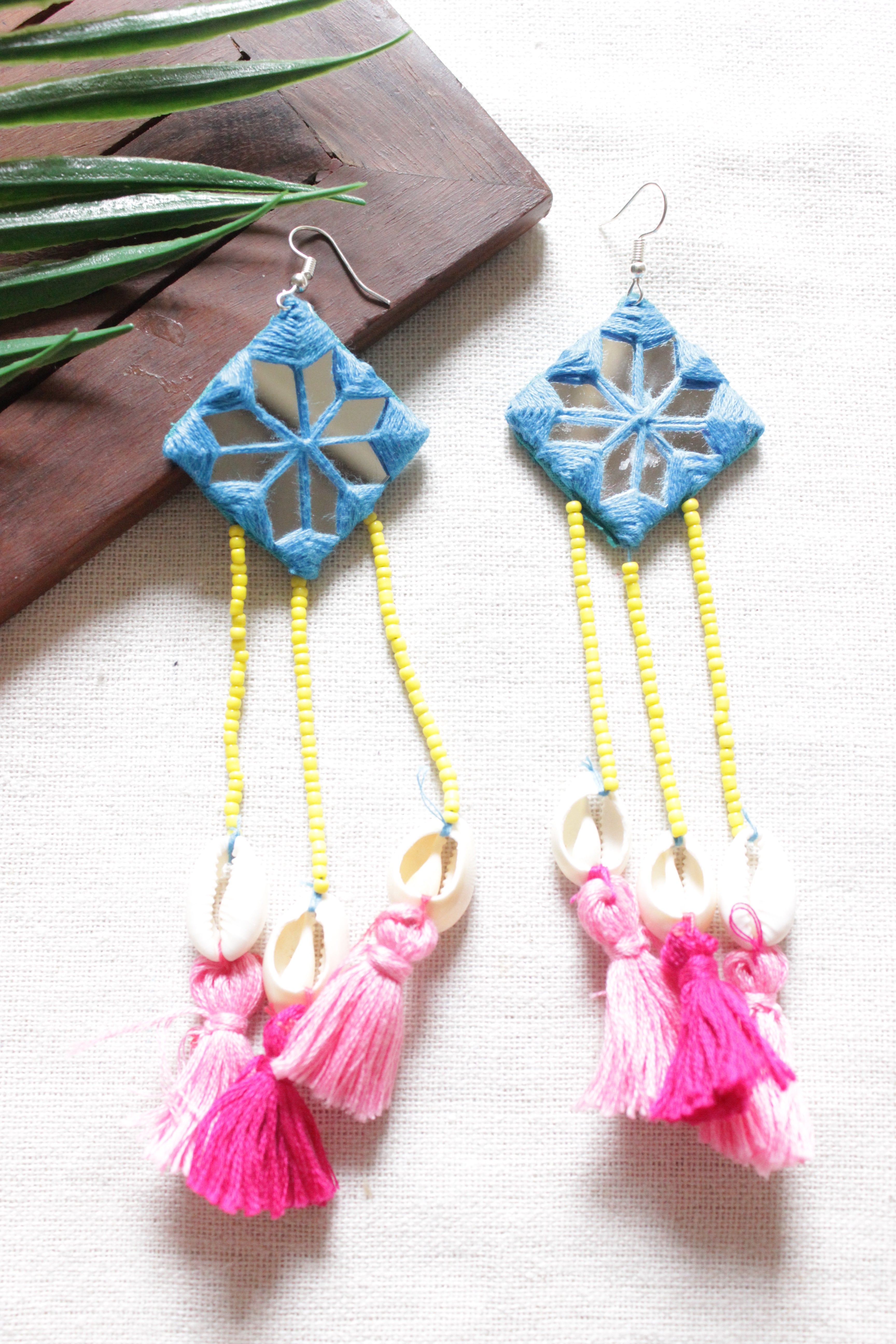 Hand Embroidered Mirror Work & Shells Long Dangler Earrings