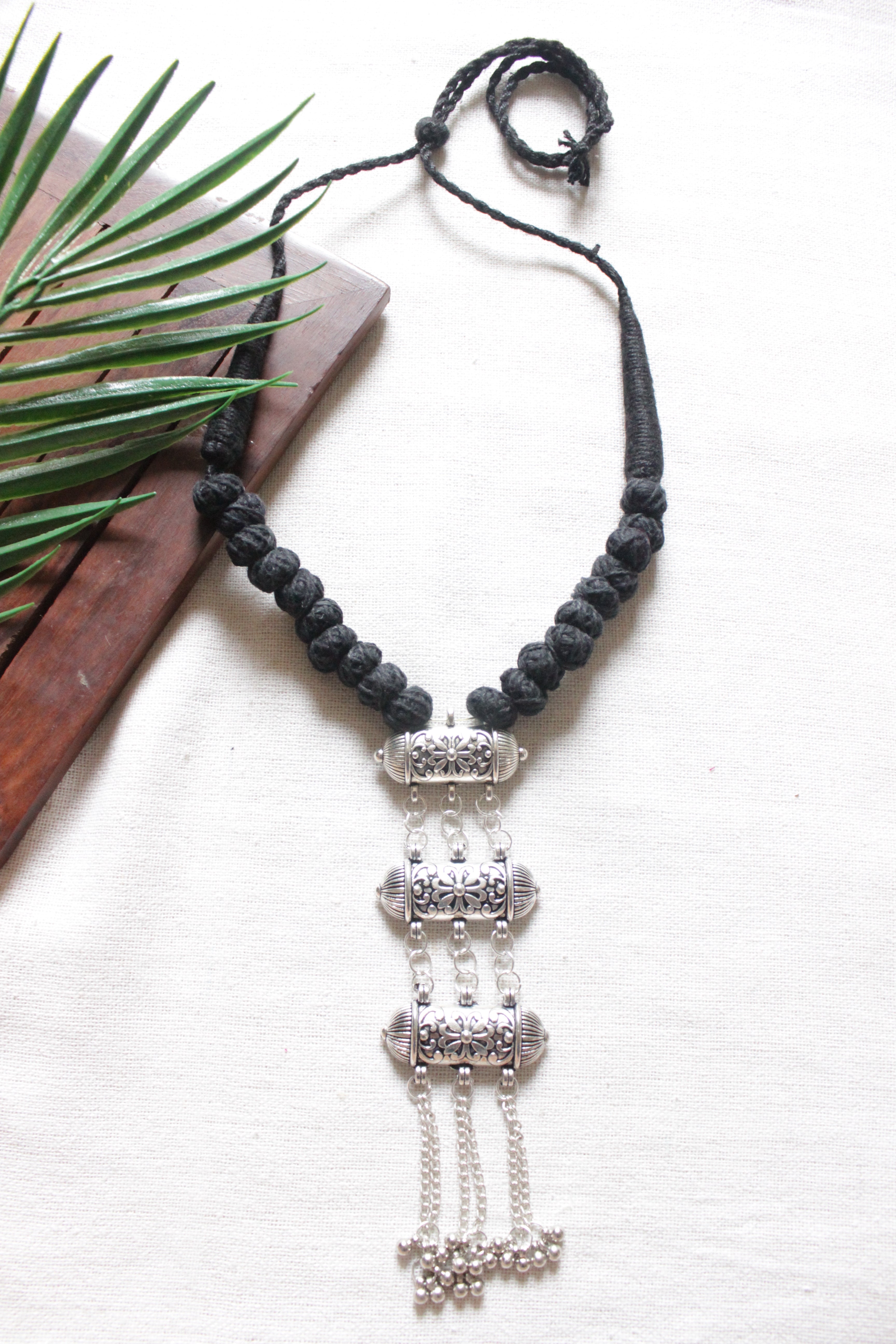 Fabric Threads and Multi Layer Metal Pendant Black Oxidised Choker Necklace with Adjustable Length