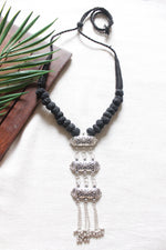 Load image into Gallery viewer, Fabric Threads and Multi Layer Metal Pendant Black Oxidised Choker Necklace with Adjustable Length
