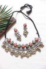 Dual Tone Red and Green Beads Adjustable Length Choker Necklace Set