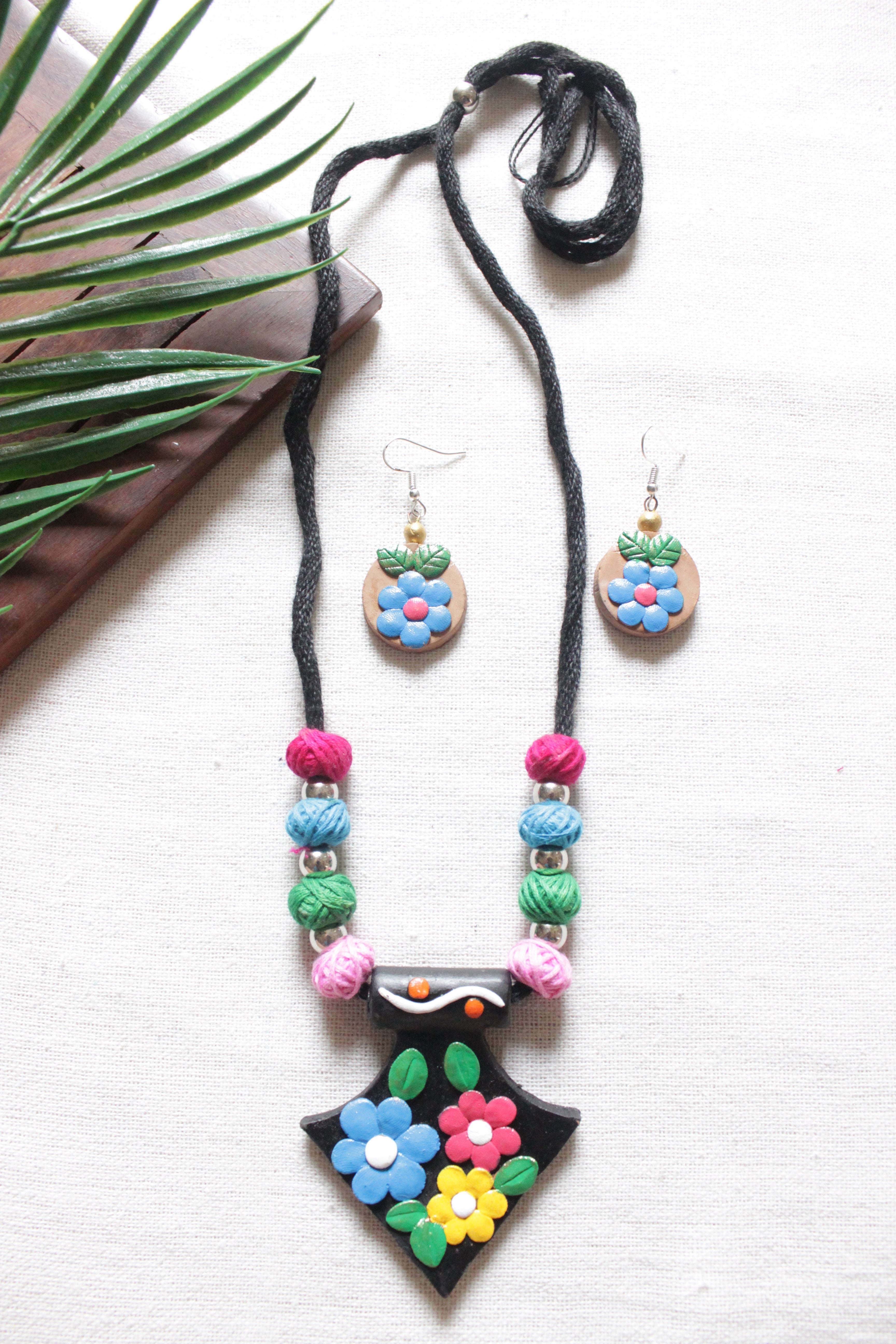 Handcrafted Terracotta Clay & Fabric Beads Adjustable Length Necklace Set