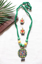 Load image into Gallery viewer, Handcrafted Earthy Brown &amp; Green Terracotta Clay &amp; Fabric Beads Adjustable Length Necklace Set
