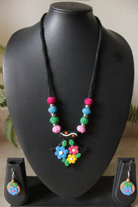 Handcrafted Terracotta Clay & Fabric Beads Adjustable Length Necklace Set