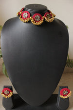 Load image into Gallery viewer, Kundan Stones Embellished Red Fabric Gold Toned Choker Necklace Set
