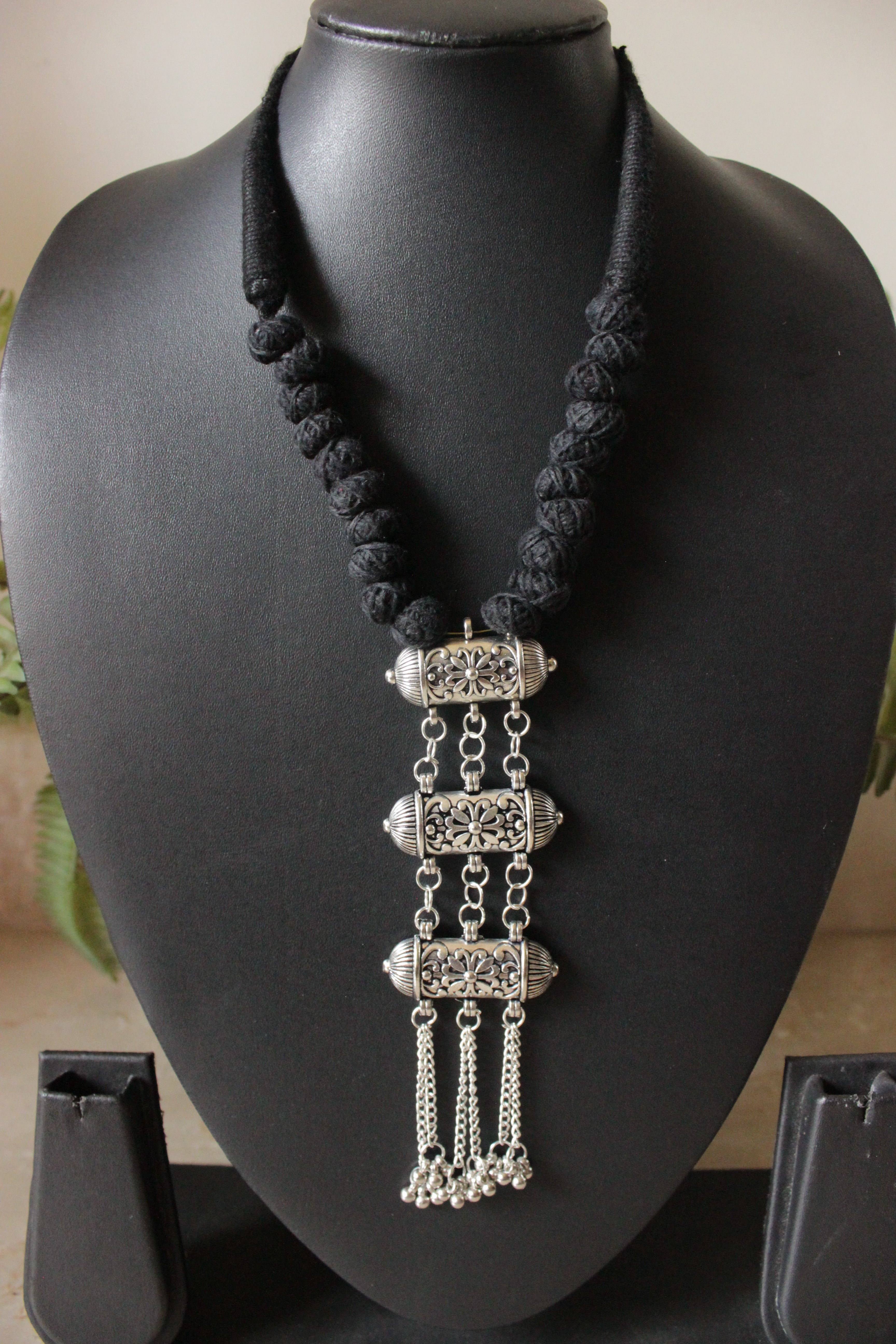Fabric Threads and Multi Layer Metal Pendant Black Oxidised Choker Necklace with Adjustable Length