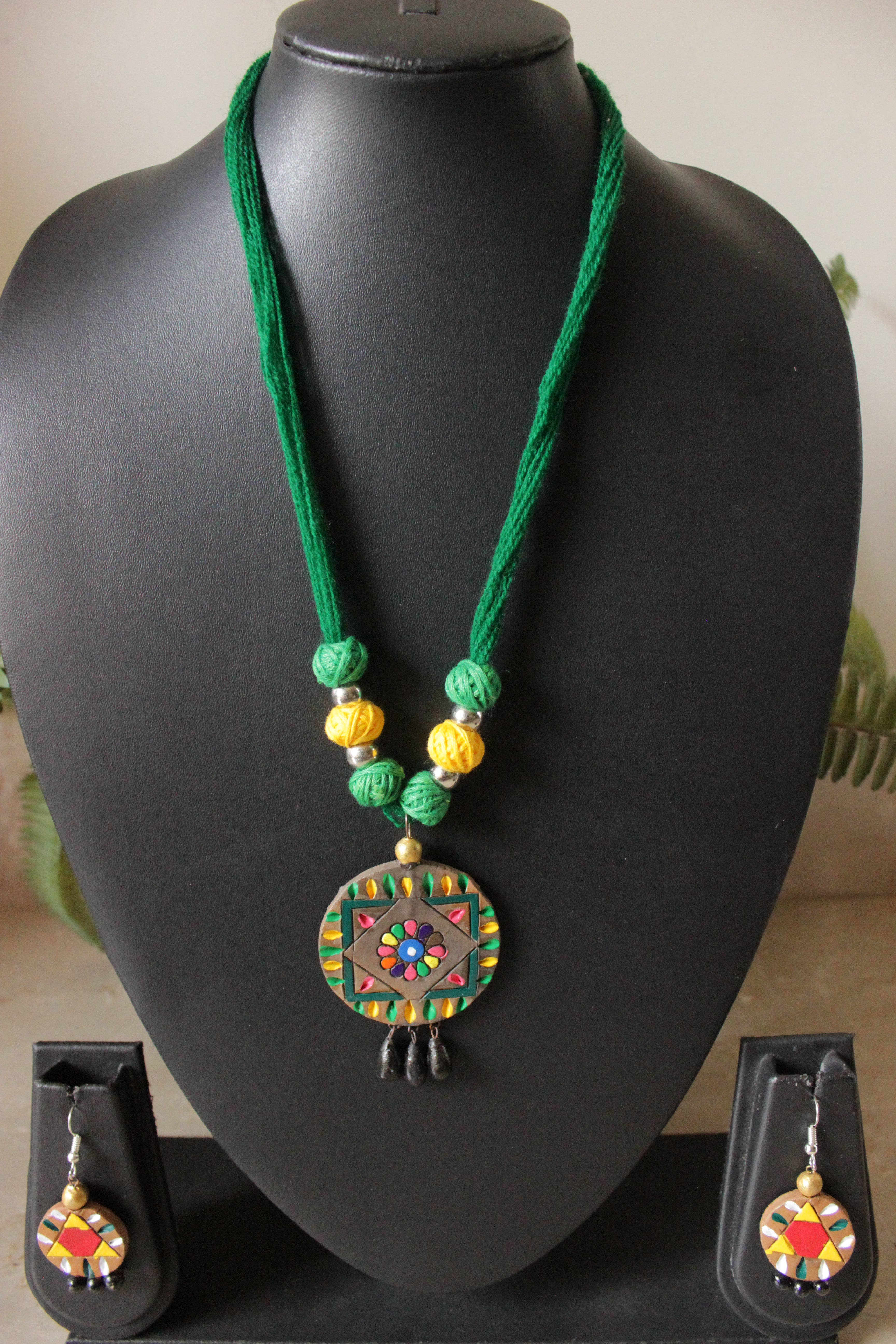 Handcrafted Earthy Brown & Green Terracotta Clay & Fabric Beads Adjustable Length Necklace Set
