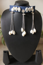 Load image into Gallery viewer, Indigo Fabric Choker Necklace with Pearl Chain Strings
