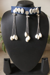 Indigo Fabric Choker Necklace with Pearl Chain Strings
