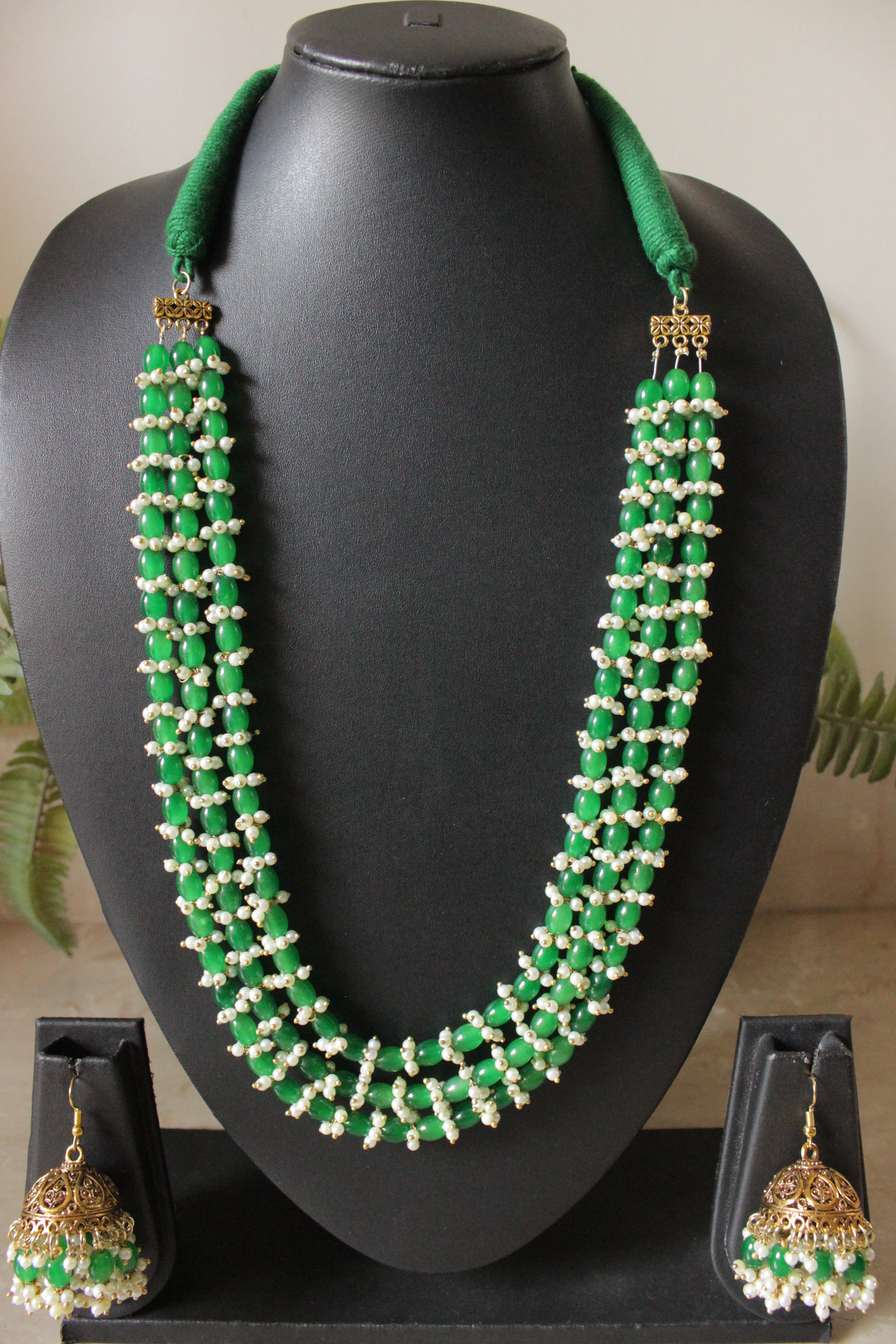 Green Acrylic Beads Gold Toned Necklace Set with Jhumka Earrings