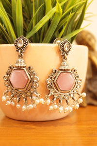 Baby Pink Center Stone Embedded Oxidised Finish Earrings