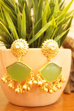 Load image into Gallery viewer, Moss Green Natural Gemstones Embedded Gold Finish Ghungroo Beads Earrings
