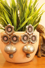 Load image into Gallery viewer, Flower and Kalash Shaped Pink Stones Embedded Oxidised Finish Earrings
