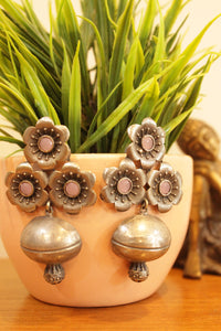 Flower and Kalash Shaped Pink Stones Embedded Oxidised Finish Earrings