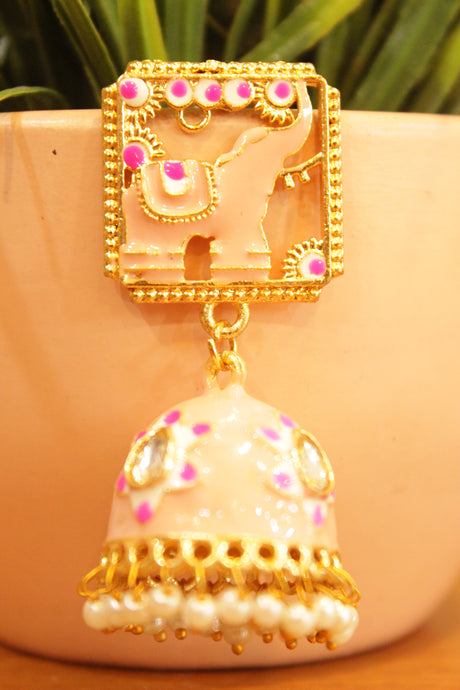 Peach Enamel Painted Elephant Motif Jhumka Earrings