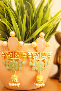 Baby Pink & Turquoise Natural Gemstones Embedded Gold Finish Jhumka Earrings