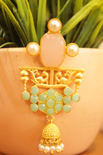 Load image into Gallery viewer, Baby Pink &amp; Turquoise Natural Gemstones Embedded Gold Finish Jhumka Earrings
