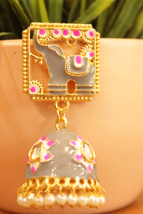 Grey Enamel Painted Elephant Motif Jhumka Earrings