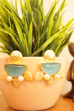 Load image into Gallery viewer, Sky Blue Natural Gemstones Embedded Gold Finish Earrings
