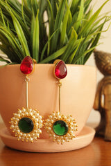 Red & Green Glass Stones Gold Plated White Beads Embellished Earrings