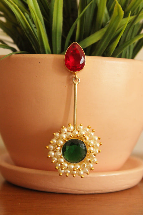 Red & Green Glass Stones Gold Plated White Beads Embellished Earrings