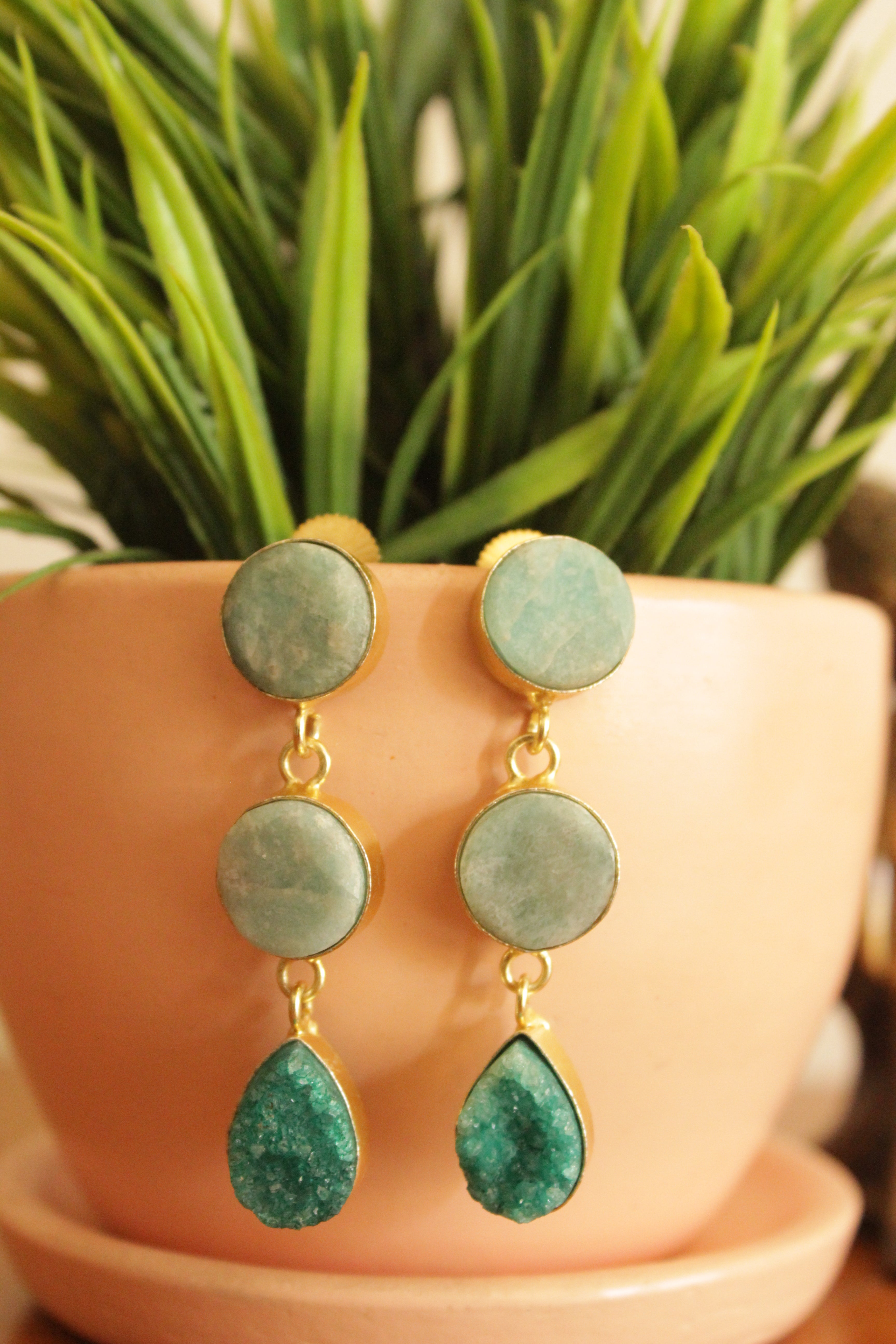 Turquoise & Sea Green Natural Sugar Druzy Gemstones Embedded Gold Plated Earrings