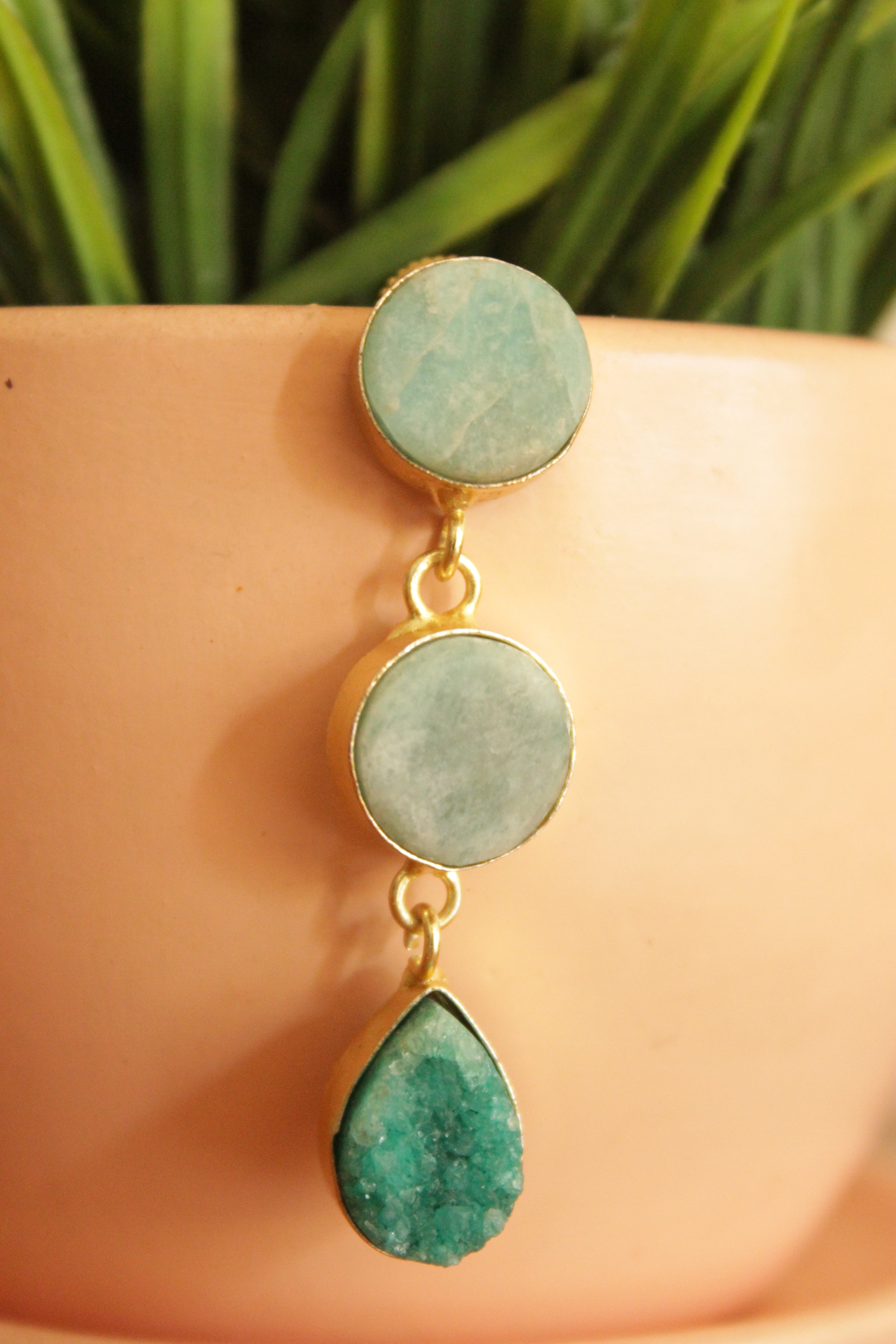 Turquoise & Sea Green Natural Sugar Druzy Gemstones Embedded Gold Plated Earrings