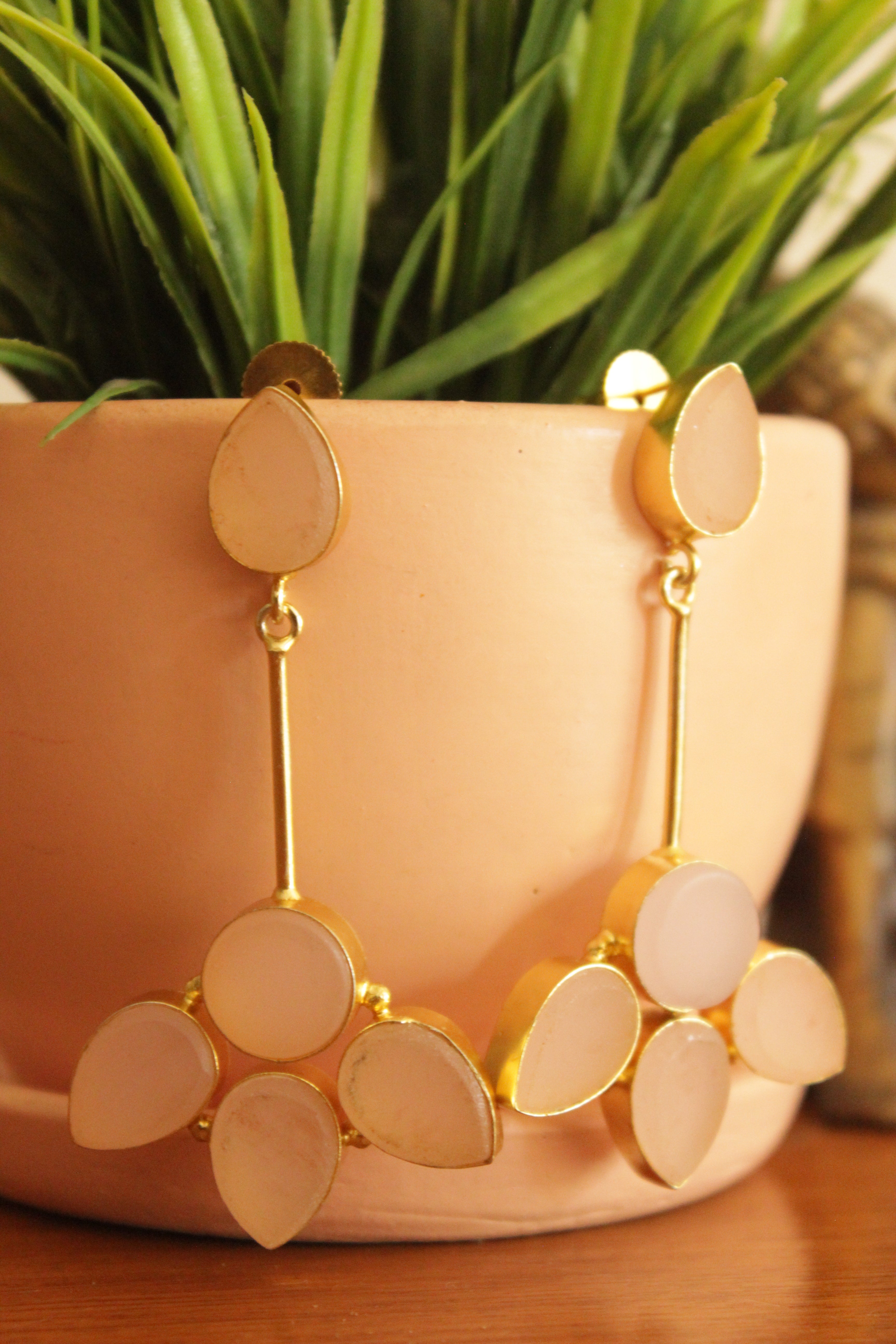 Peach Natural Gemstones Embedded Gold Plated Earrings