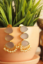 Load image into Gallery viewer, Grey Natural Gemstones Embedded Gold Plated Earrings Embellished with White Beads
