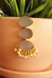 Grey Natural Gemstones Embedded Gold Plated Earrings Embellished with White Beads