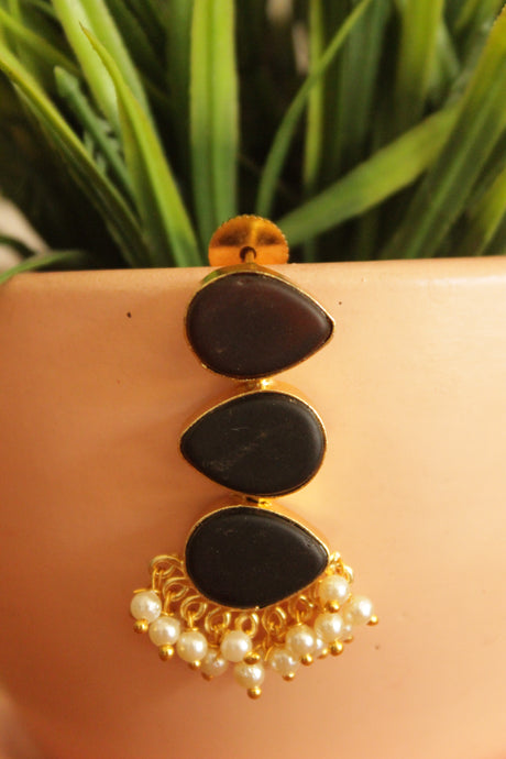 Black Natural Gemstones Embedded Gold Plated Earrings Embellished with White Beads
