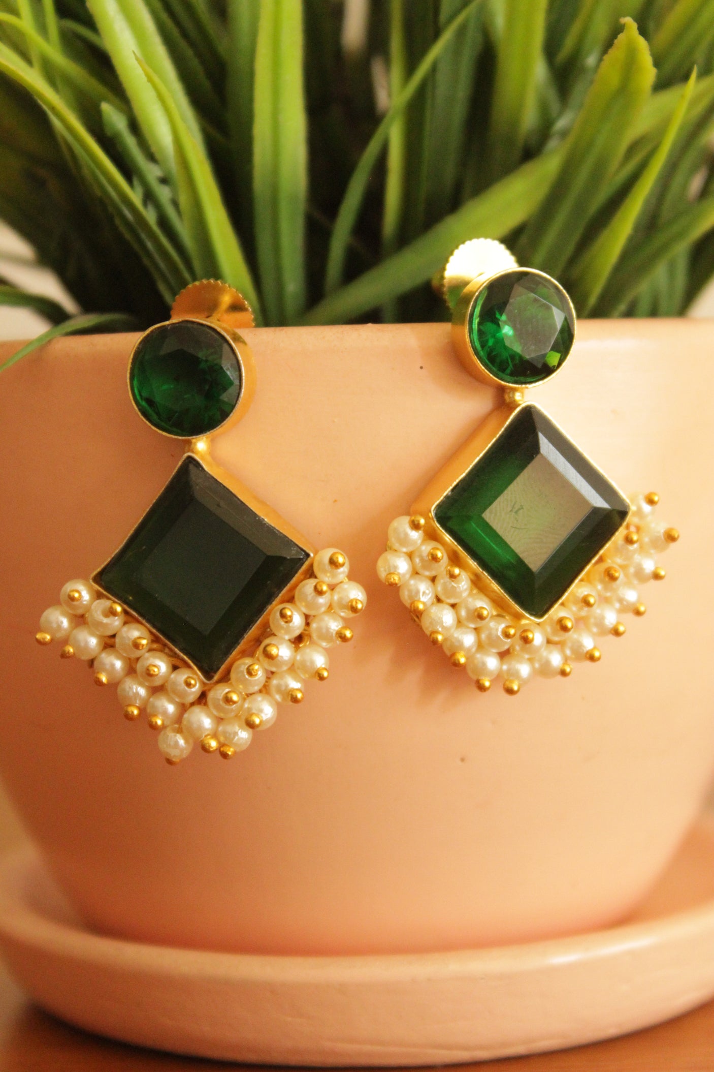 Bottle Green Natural Gemstones Embedded Gold Plated Earrings Embellished with White Beads