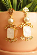 Load image into Gallery viewer, Ivory Natural Gemstones Embedded Gold Plated Earrings Embellished with White Beads
