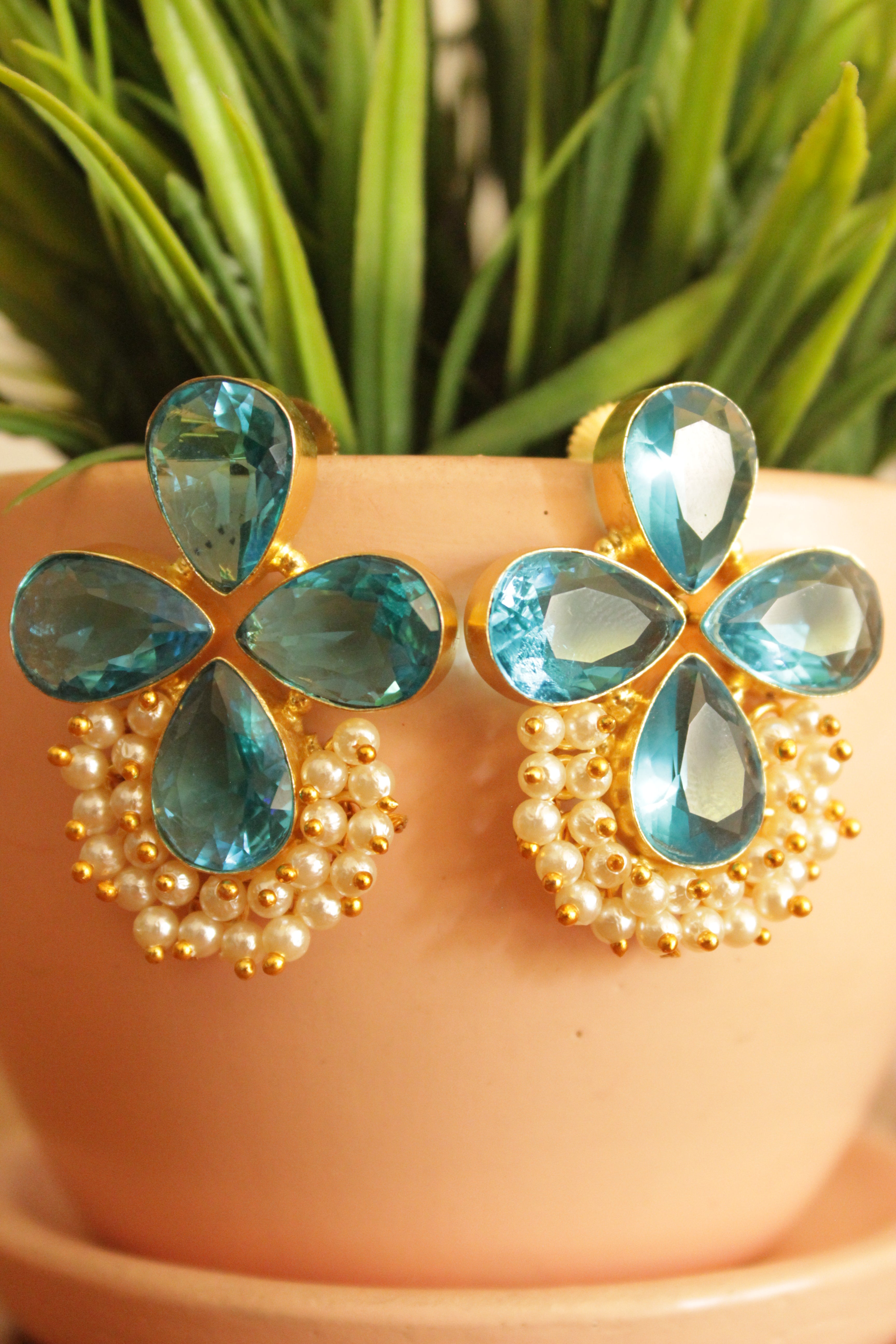 Sky Blue Natural Gemstones Embedded Gold Plated Earrings Embellished with White Beads