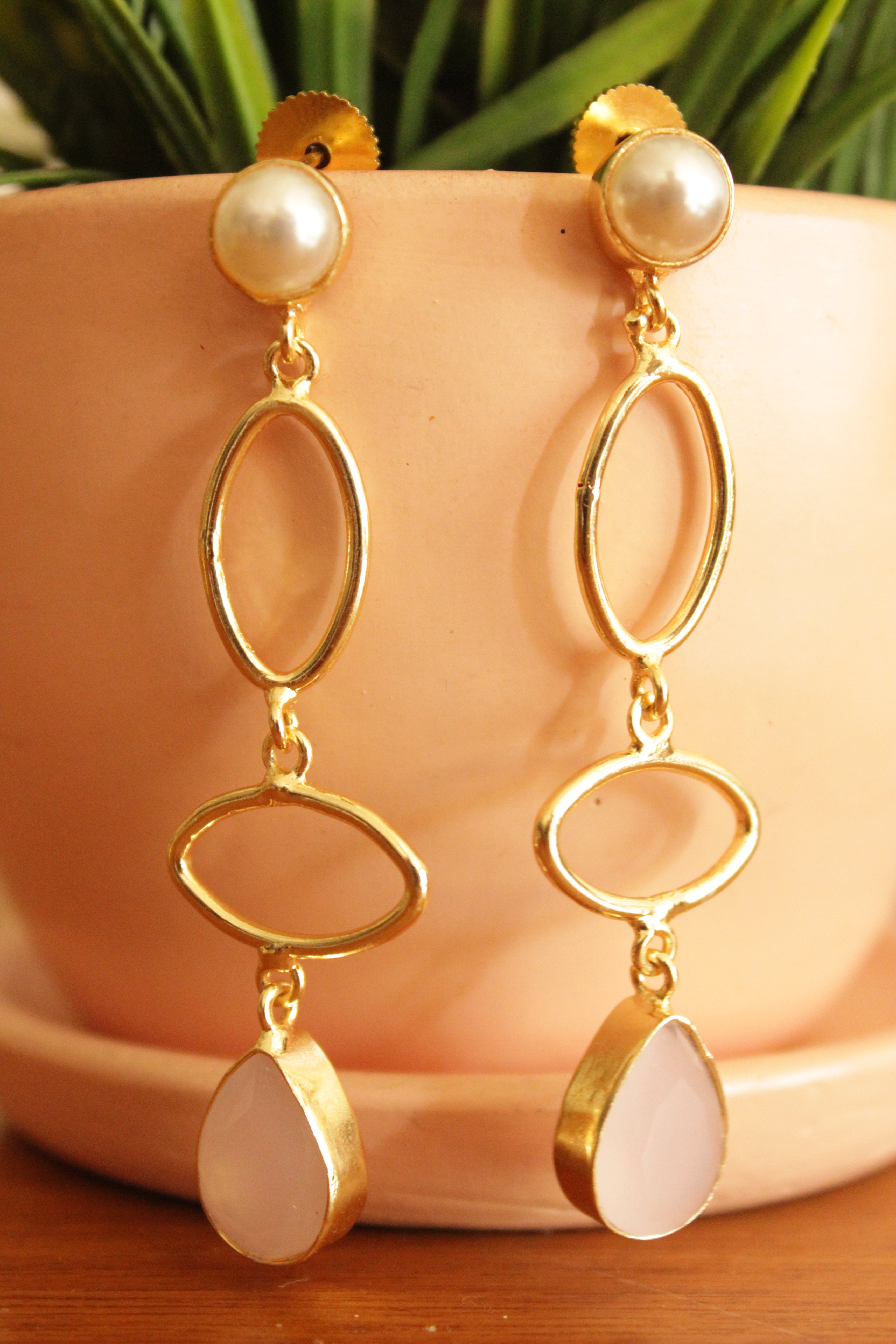 Ivory Natural Gemstones Embedded Gold Plated Earrings