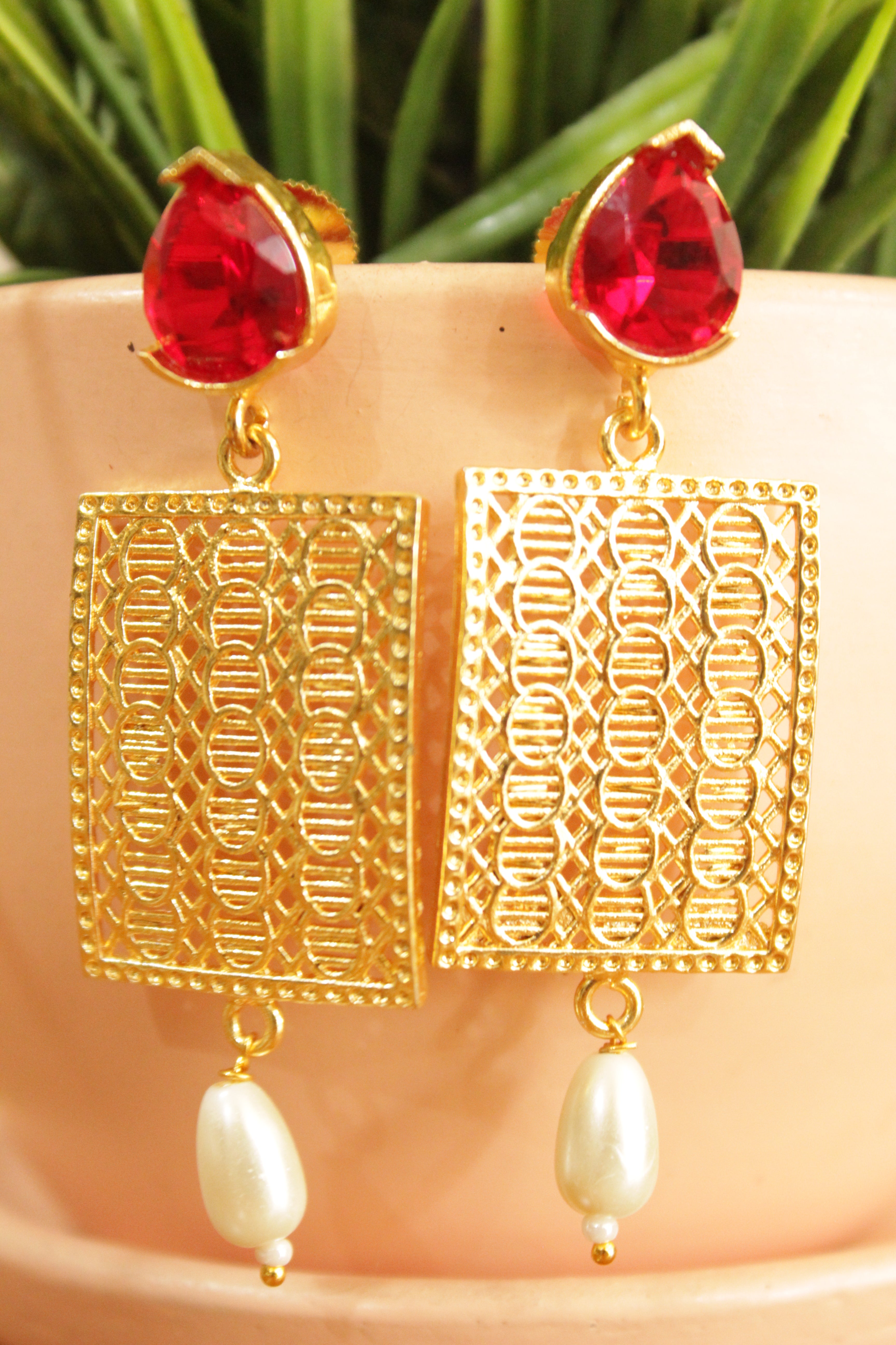 Red Ruby Natural Gemstone Embedded Gold Plated Mesh Earrings