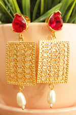 Load image into Gallery viewer, Red Ruby Natural Gemstone Embedded Gold Plated Mesh Earrings
