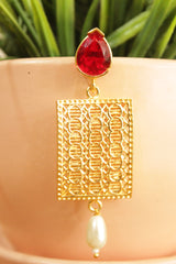 Red Ruby Natural Gemstone Embedded Gold Plated Mesh Earrings