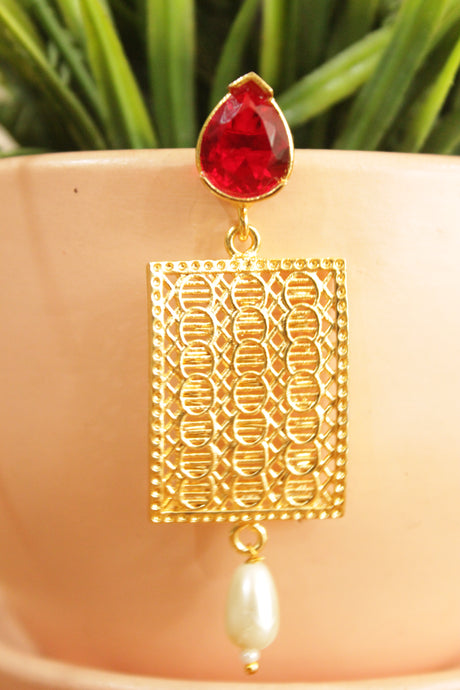 Red Ruby Natural Gemstone Embedded Gold Plated Mesh Earrings
