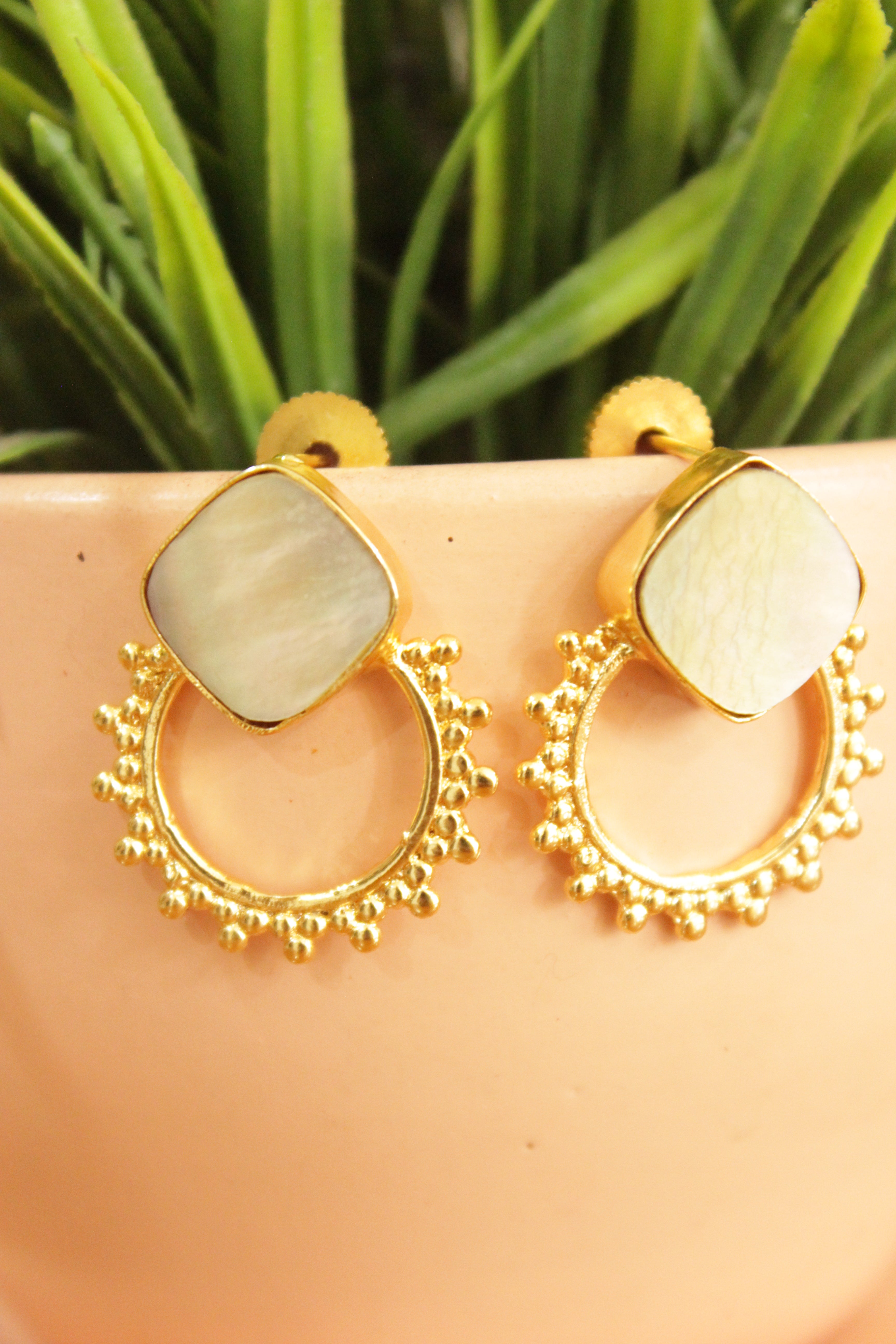 Mother of Pearl Embedded Half Moon Shape Gold Plated Hoop Earrings