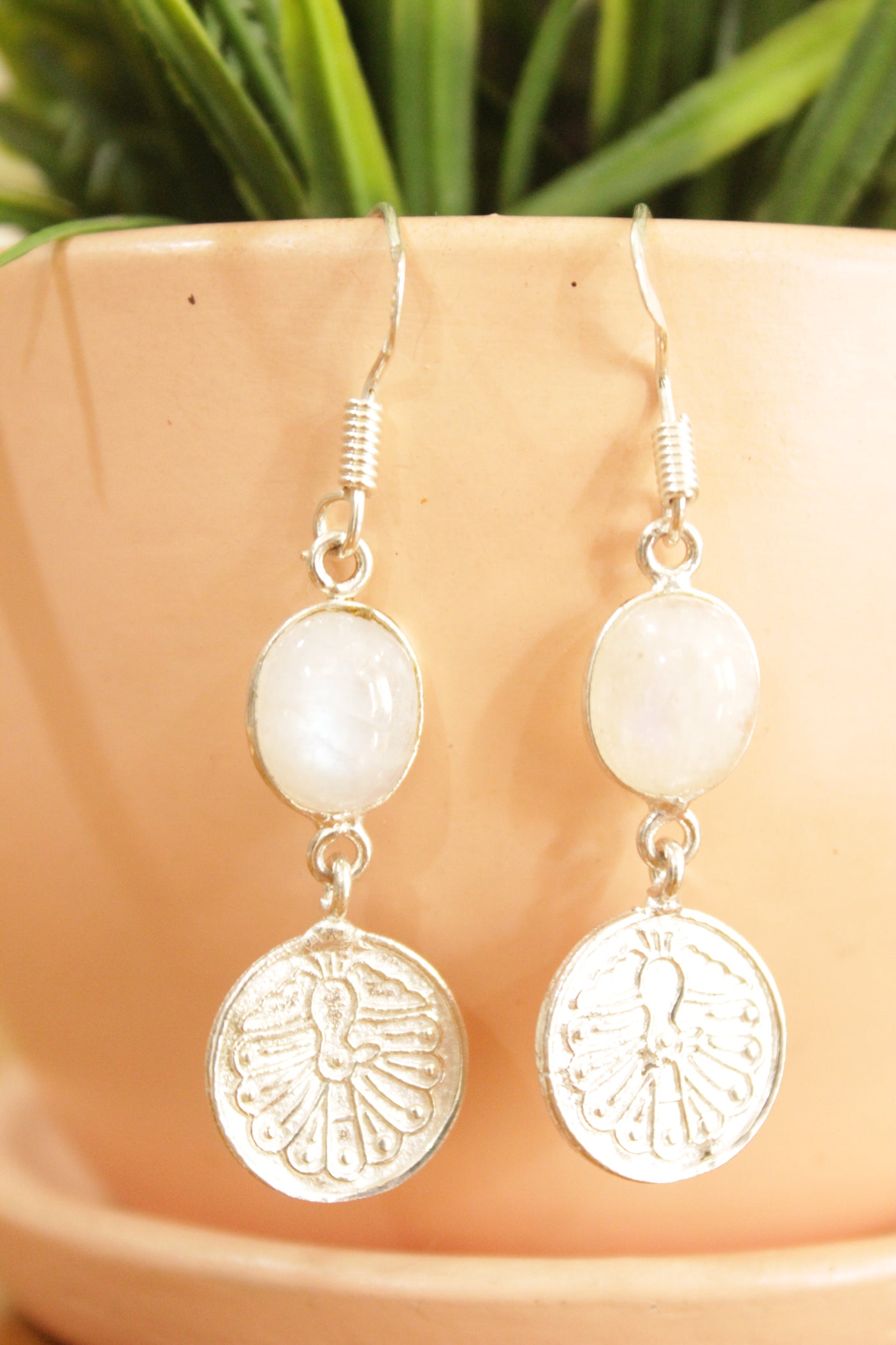 Natural Moonstone Gemstone Embedded Silver Plated Dangler Earrings