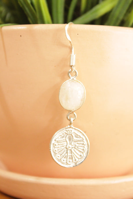 Natural Moonstone Gemstone Embedded Silver Plated Dangler Earrings