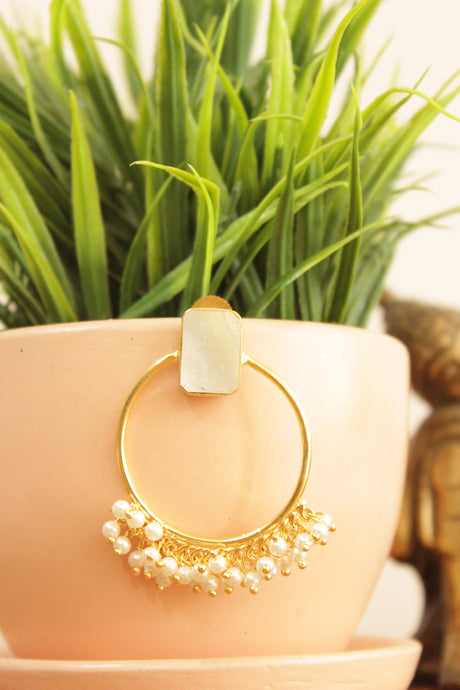 Pearl Gemstone Embedded Gold Plated Hoop Earrings