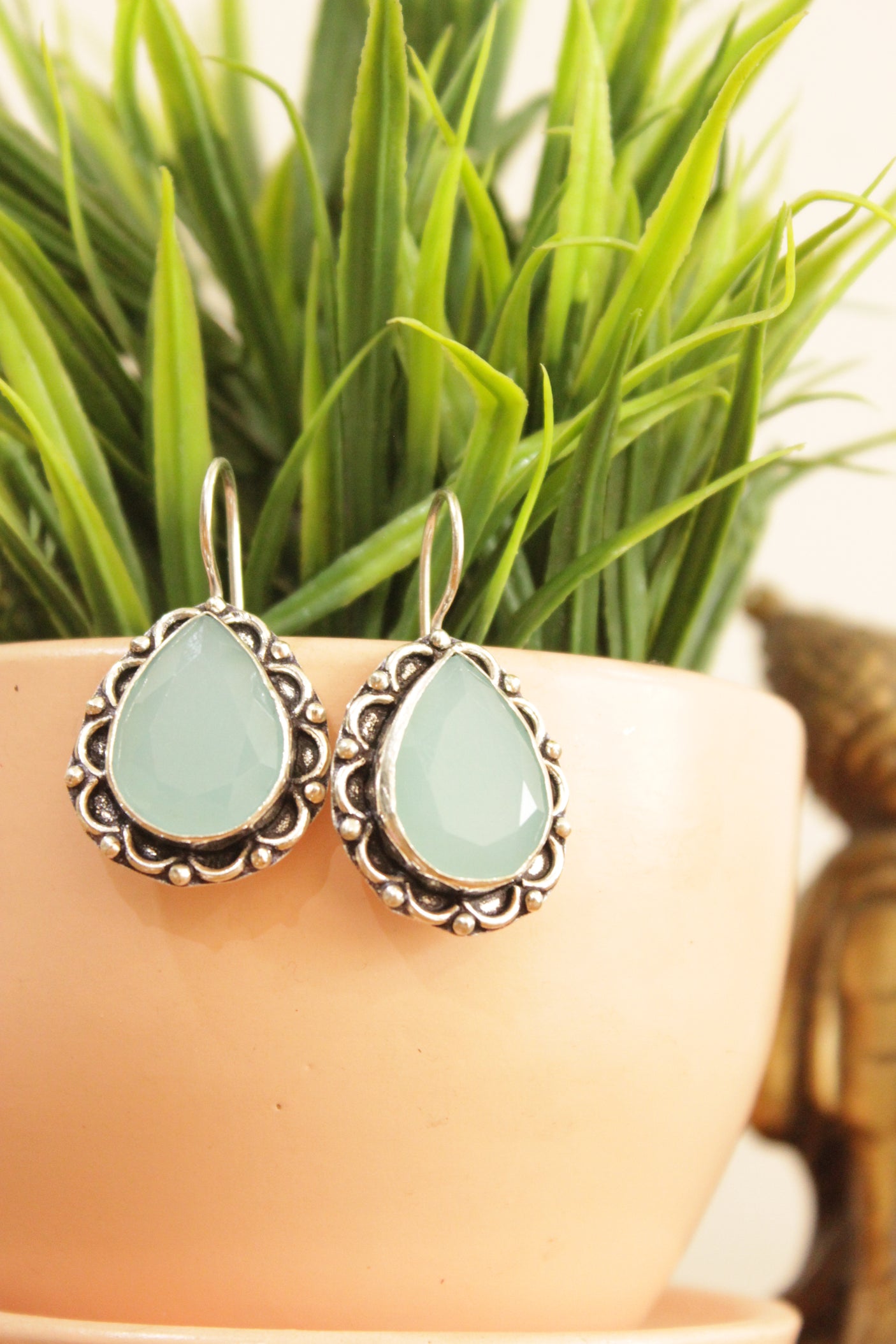 Aqua Green Chalcedony Gemstone Tear Drop Shaped Silver Plated Earrings