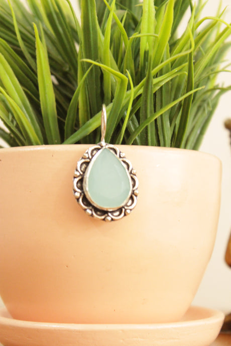 Aqua Green Chalcedony Gemstone Tear Drop Shaped Silver Plated Earrings