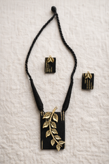 Black Ikat Printed Fabric Necklace Set with Metal Leaves Detailing