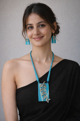 Ikat Printed Fabric Necklace Set with Metal Leaves Detailing