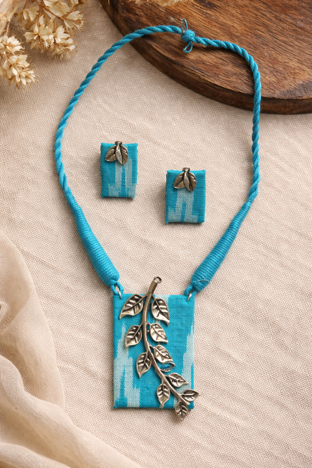 Ikat Printed Fabric Necklace Set with Metal Leaves Detailing