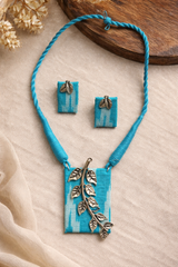Ikat Printed Fabric Necklace Set with Metal Leaves Detailing
