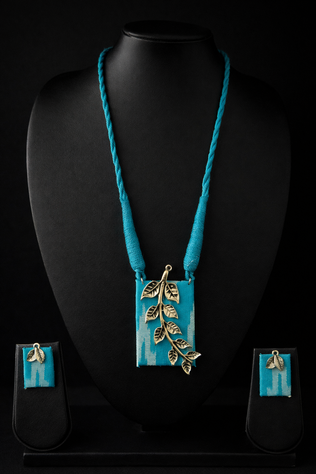 Ikat Printed Fabric Necklace Set with Metal Leaves Detailing